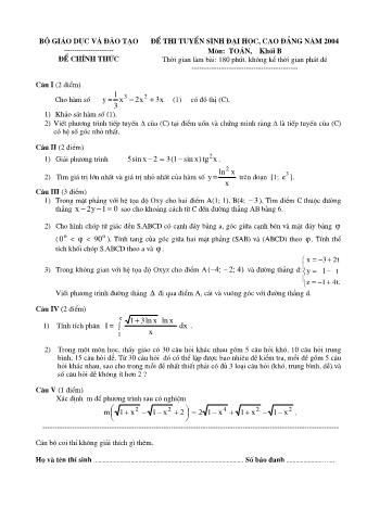 Đề thi tuyển sinh Đại học, Cao đẳng môn Toán - Khối B - Năm học 2004 (Có đáp án)