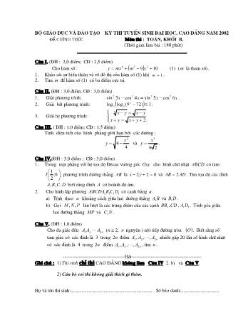 Đề thi tuyển sinh Đại học, Cao đẳng môn Toán - Khối B - Năm học 2002 (Có đáp án)