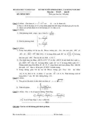 Đề thi tuyển sinh Đại học, Cao đẳng môn Toán - Khối B - Năm học 2003 (Có đáp án)