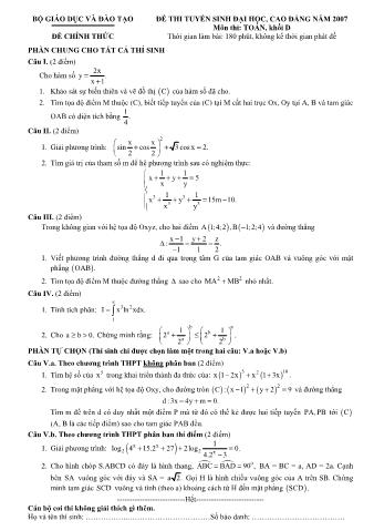 Đề thi tuyển sinh Đại học, Cao đẳng môn Toán - Khối D - Năm học 2007 (Có đáp án)