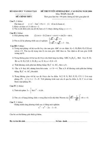 Đề thi tuyển sinh Đại học, Cao đẳng môn Toán - Khối D - Năm học 2004 (Có đáp án)