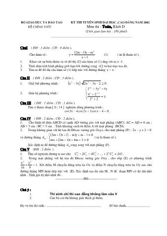 Đề thi tuyển sinh Đại học, Cao đẳng môn Toán - Khối D - Năm học 2002 (Có đáp án)