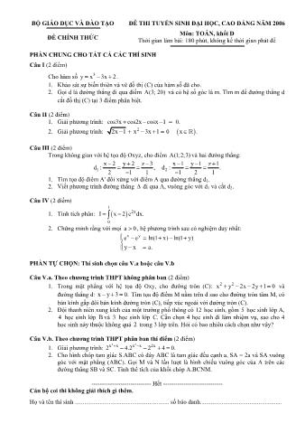 Đề thi tuyển sinh Đại học, Cao đẳng môn Toán - Khối D - Năm học 2006 (Có đáp án)