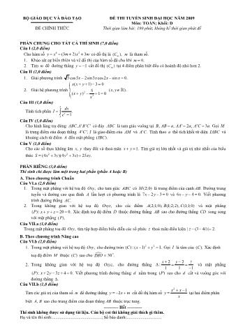 Đề thi tuyển sinh Đại học, Cao đẳng môn Toán - Khối D - Năm học 2009 (Có đáp án)