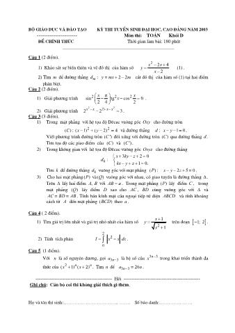 Đề thi tuyển sinh Đại học, Cao đẳng môn Toán - Khối D - Năm học 2003 (Có đáp án)