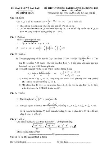 Đề thi tuyển sinh Đại học, Cao đẳng môn Toán - Khối D - Năm học 2005 (Có đáp án)