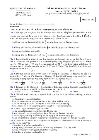 Đề thi tuyển sinh Đại học, Cao đẳng môn Vật lí - Khối A - Mã đề: 135 - Năm học 2009 (Có đáp án)