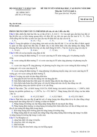 Đề thi tuyển sinh Đại học, Cao đẳng môn Vật lí - Khối A - Mã đề: 128 - Năm học 2008 (Có đáp án)