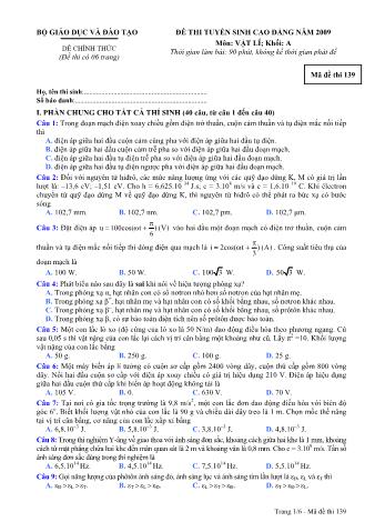 Đề thi tuyển sinh Đại học, Cao đẳng môn Vật lí - Khối A - Mã đề: 139 - Năm học 2009 (Có đáp án)