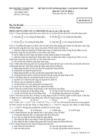 Đề thi tuyển sinh Đại học, Cao đẳng môn Vật lí - Khối A - Mã đề: 135 - Năm học 2007 (Có đáp án)