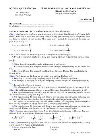 Đề thi tuyển sinh Đại học, Cao đẳng môn Vật lí - Khối A - Mã đề: 230 - Năm học 2008 (Có đáp án)