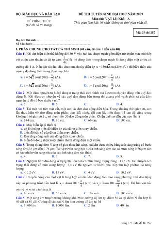 Đề thi tuyển sinh Đại học, Cao đẳng môn Vật lí - Khối A - Mã đề: 257 - Năm học 2009 (Có đáp án)