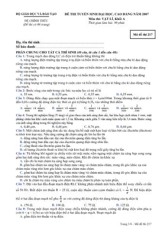 Đề thi tuyển sinh Đại học, Cao đẳng môn Vật lí - Khối A - Mã đề: 217 - Năm học 2007 (Có đáp án)