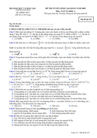 Đề thi tuyển sinh Đại học, Cao đẳng môn Vật lí - Khối A - Mã đề: 297 - Năm học 2009 (Có đáp án)