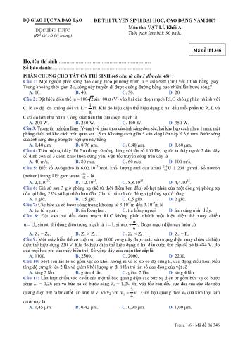 Đề thi tuyển sinh Đại học, Cao đẳng môn Vật lí - Khối A - Mã đề: 346 - Năm học 2007 (Có đáp án)