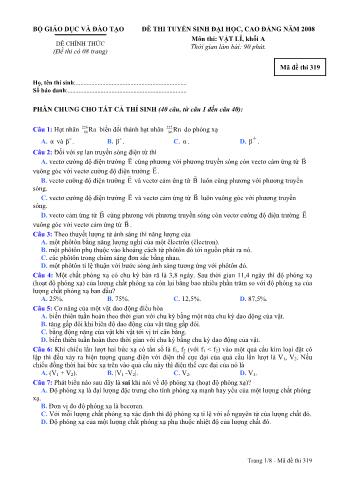 Đề thi tuyển sinh Đại học, Cao đẳng môn Vật lí - Khối A - Mã đề: 319 - Năm học 2008 (Có đáp án)