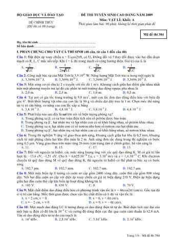 Đề thi tuyển sinh Đại học, Cao đẳng môn Vật lí - Khối A - Mã đề: 384 - Năm học 2009 (Có đáp án)