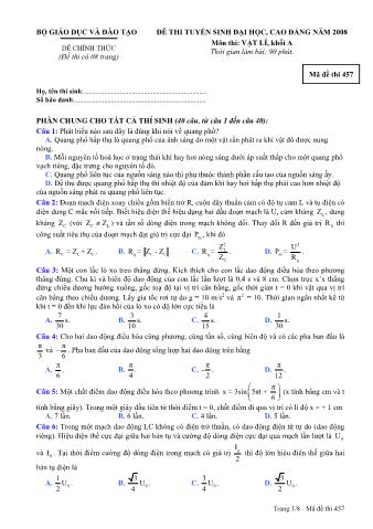 Đề thi tuyển sinh Đại học, Cao đẳng môn Vật lí - Khối A - Mã đề: 457 - Năm học 2008 (Có đáp án)