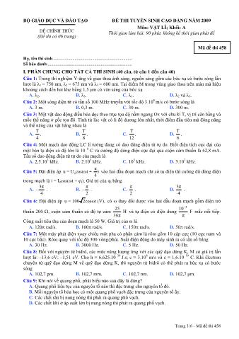 Đề thi tuyển sinh Đại học, Cao đẳng môn Vật lí - Khối A - Mã đề: 458 - Năm học 2009 (Có đáp án)