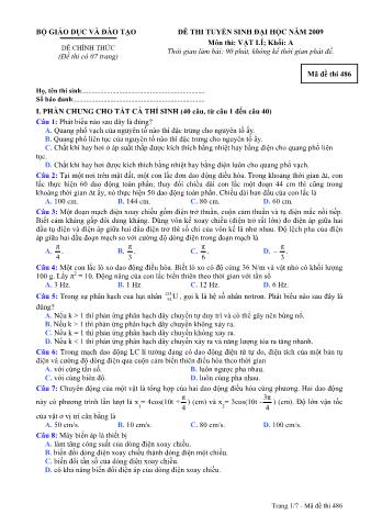 Đề thi tuyển sinh Đại học, Cao đẳng môn Vật lí - Khối A - Mã đề: 486 - Năm học 2009 (Có đáp án)