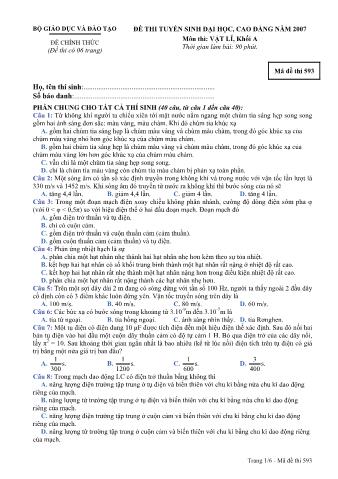 Đề thi tuyển sinh Đại học, Cao đẳng môn Vật lí - Khối A - Mã đề: 593 - Năm học 2007 (Có đáp án)