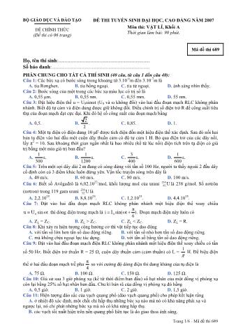 Đề thi tuyển sinh Đại học, Cao đẳng môn Vật lí - Khối A - Mã đề: 689 - Năm học 2007 (Có đáp án)