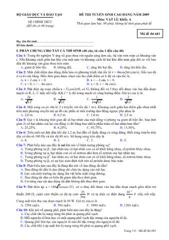 Đề thi tuyển sinh Đại học, Cao đẳng môn Vật lí - Khối A - Mã đề: 681 - Năm học 2009 (Có đáp án)