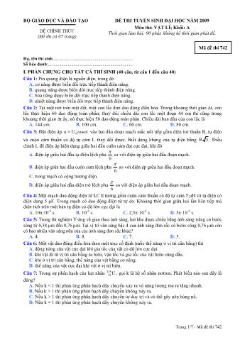 Đề thi tuyển sinh Đại học, Cao đẳng môn Vật lí - Khối A - Mã đề: 742 - Năm học 2009 (Có đáp án)