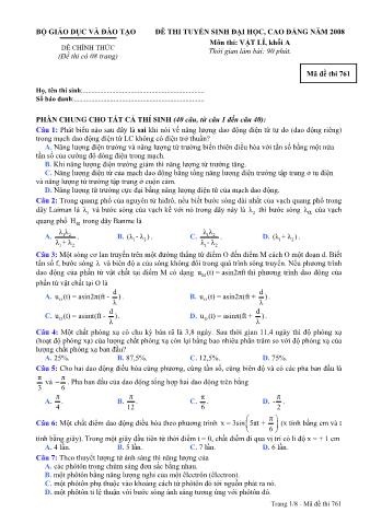 Đề thi tuyển sinh Đại học, Cao đẳng môn Vật lí - Khối A - Mã đề: 761 - Năm học 2008 (Có đáp án)