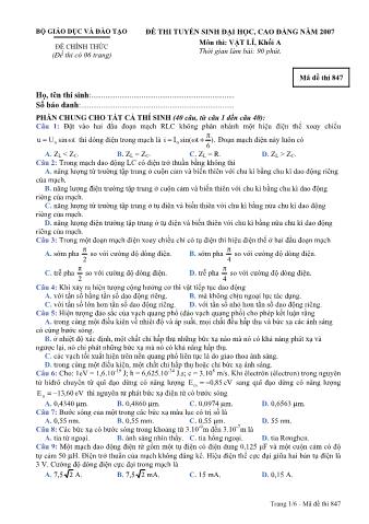 Đề thi tuyển sinh Đại học, Cao đẳng môn Vật lí - Khối A - Mã đề: 847 - Năm học 2007 (Có đáp án)