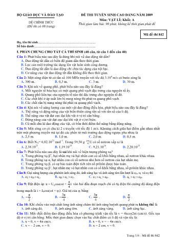 Đề thi tuyển sinh Đại học, Cao đẳng môn Vật lí - Khối A - Mã đề: 842 - Năm học 2009 (Có đáp án)