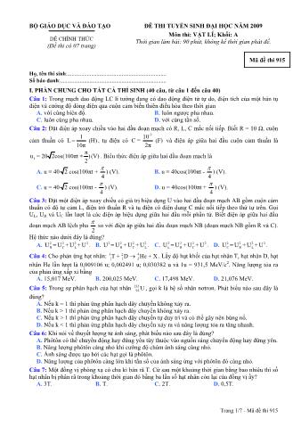 Đề thi tuyển sinh Đại học, Cao đẳng môn Vật lí - Khối A - Mã đề: 915 - Năm học 2009 (Có đáp án)
