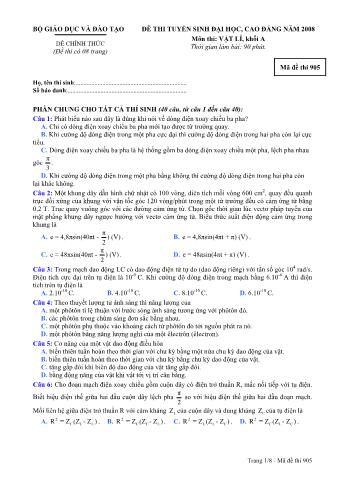 Đề thi tuyển sinh Đại học, Cao đẳng môn Vật lí - Khối A - Mã đề: 905 - Năm học 2008 (Có đáp án)
