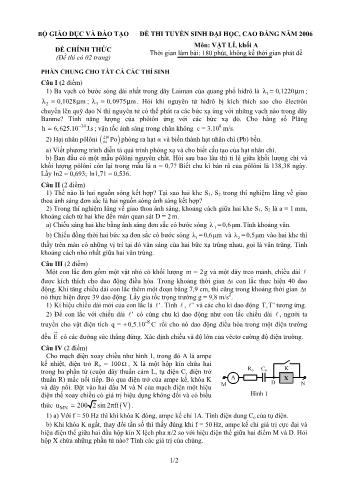 Đề thi tuyển sinh Đại học, Cao đẳng môn Vật lí - Khối A - Năm học 2006 (Có đáp án)