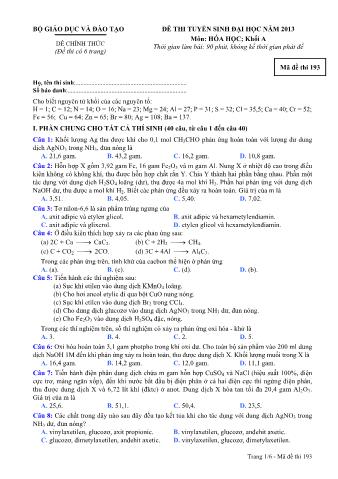 Đề thi tuyển sinh Đại học môn Hóa học - Khối A - Mã đề: 193 - Năm học 2013 (Có đáp án)