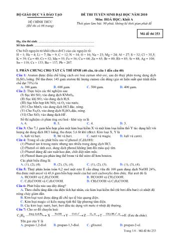 Đề thi tuyển sinh Đại học môn Hóa học - Khối A - Mã đề: 253 - Năm học 2010 (Có đáp án)