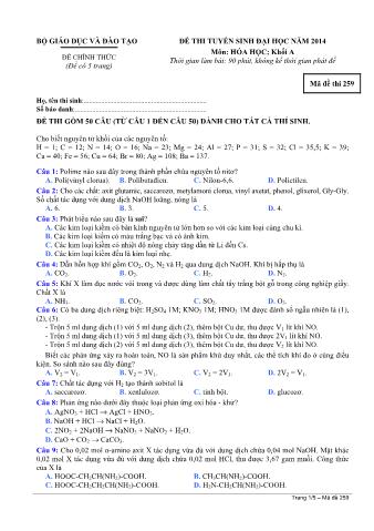 Đề thi tuyển sinh Đại học môn Hóa học - Khối A - Mã đề: 259 - Năm học 2014 (Có đáp án)