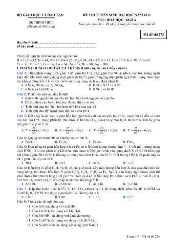 Đề thi tuyển sinh Đại học môn Hóa học - Khối A - Mã đề: 273 - Năm học 2011 (Có đáp án)