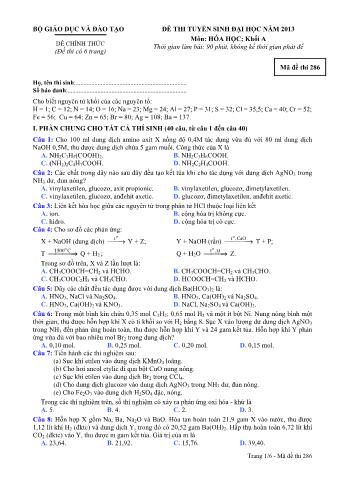 Đề thi tuyển sinh Đại học môn Hóa học - Khối A - Mã đề: 286 - Năm học 2013 (Có đáp án)