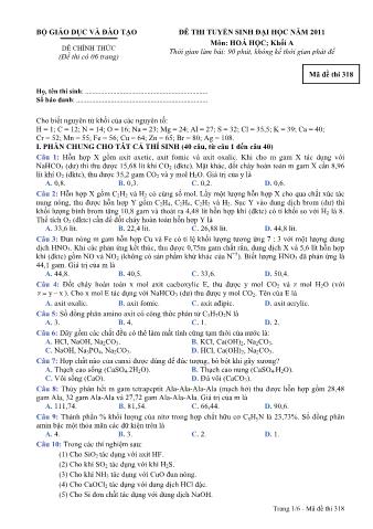 Đề thi tuyển sinh Đại học môn Hóa học - Khối A - Mã đề: 318 - Năm học 2011 (Có đáp án)