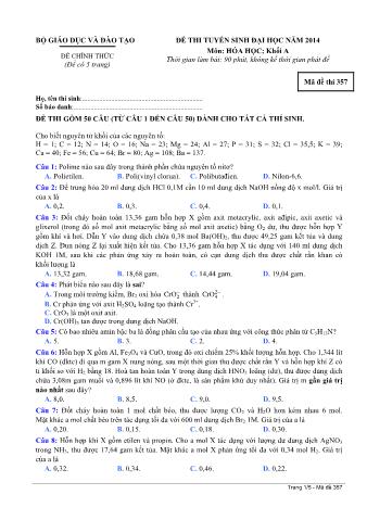 Đề thi tuyển sinh Đại học môn Hóa học - Khối A - Mã đề: 357 - Năm học 2014 (Có đáp án)