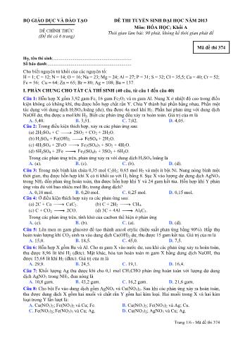 Đề thi tuyển sinh Đại học môn Hóa học - Khối A - Mã đề: 374 - Năm học 2013 (Có đáp án)