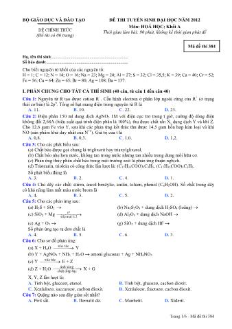 Đề thi tuyển sinh Đại học môn Hóa học - Khối A - Mã đề: 384 - Năm học 2012 (Có đáp án)