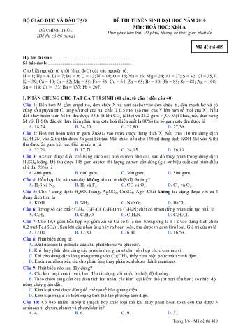 Đề thi tuyển sinh Đại học môn Hóa học - Khối A - Mã đề: 419 - Năm học 2010 (Có đáp án)