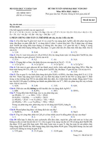 Đề thi tuyển sinh Đại học môn Hóa học - Khối A - Mã đề: 463 - Năm học 2013 (Có đáp án)