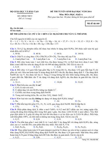 Đề thi tuyển sinh Đại học môn Hóa học - Khối A - Mã đề: 468 - Năm học 2014 (Có đáp án)