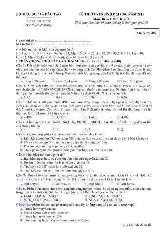 Đề thi tuyển sinh Đại học môn Hóa học - Khối A - Mã đề: 482 - Năm học 2011 (Có đáp án)