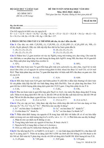 Đề thi tuyển sinh Đại học môn Hóa học - Khối A - Mã đề: 528 - Năm học 2012 (Có đáp án)