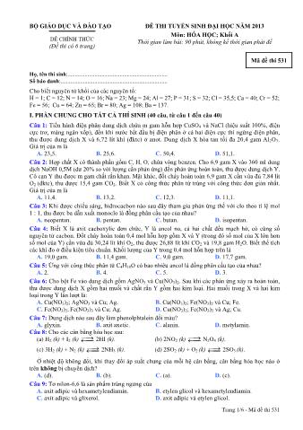 Đề thi tuyển sinh Đại học môn Hóa học - Khối A - Mã đề: 531 - Năm học 2013 (Có đáp án)