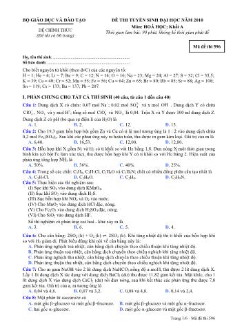 Đề thi tuyển sinh Đại học môn Hóa học - Khối A - Mã đề: 596 - Năm học 2010 (Có đáp án)